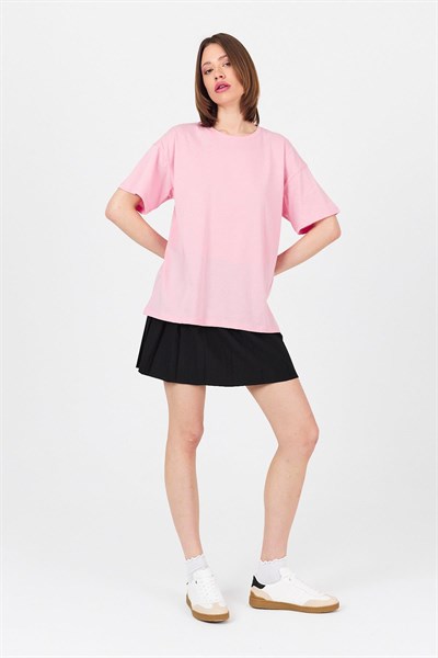 Pembe Arka Yazı Baskılı Kalpli %100 Pamuk Oversize Tişört 2150-33M