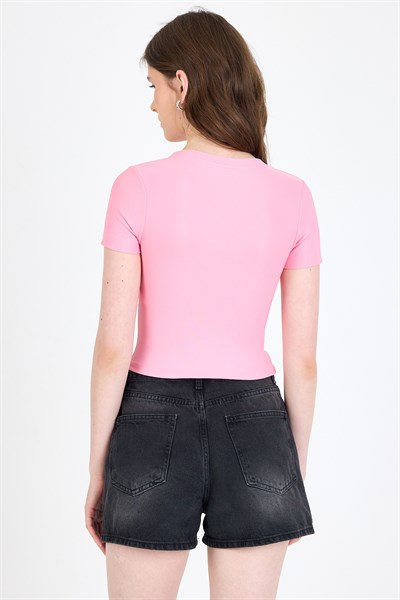 Pembe Ayıcık Baskılı Leopar Detaylı Slim Fit Crop Tişört 0549