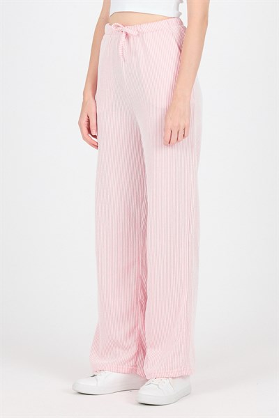 Pembe Beli Lastikli Çizgili Geniş Paça Dokuma Pantolon 4098