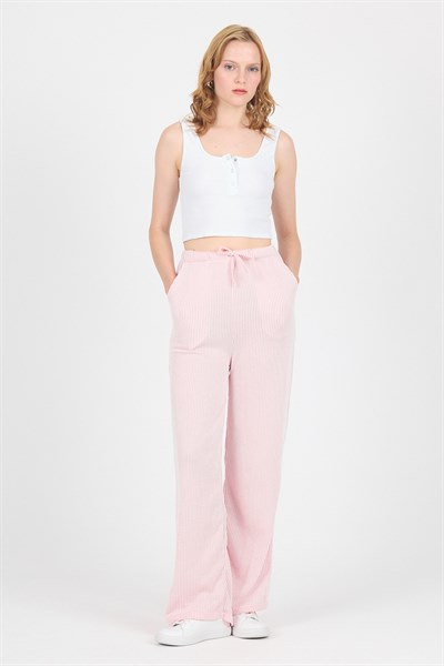 Pembe Beli Lastikli Çizgili Geniş Paça Dokuma Pantolon 4098