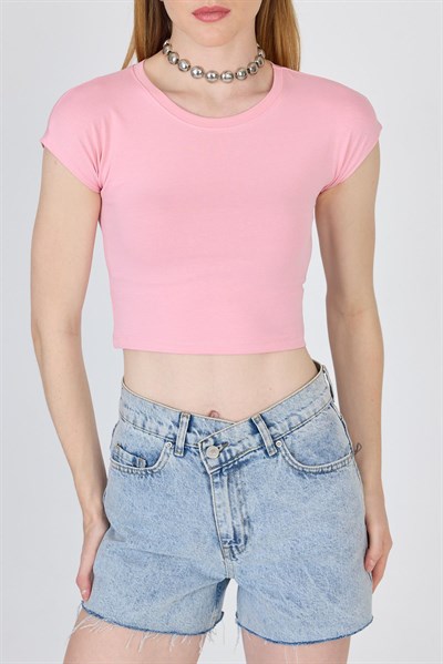 Pembe Bisiklet Yaka Pamuklu Slim Fit Crop Tişört 9199M
