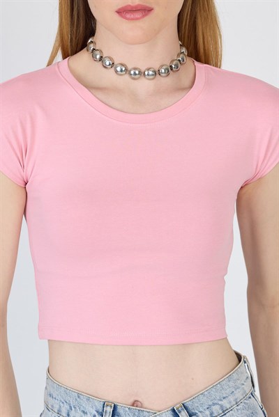 Pembe Bisiklet Yaka Pamuklu Slim Fit Crop Tişört 9199M