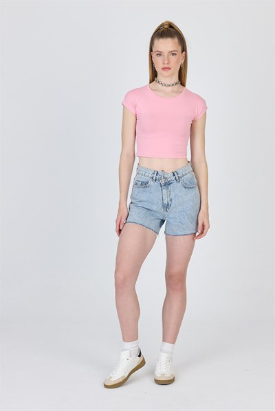 Pembe Bisiklet Yaka Pamuklu Slim Fit Crop Tişört 9199M