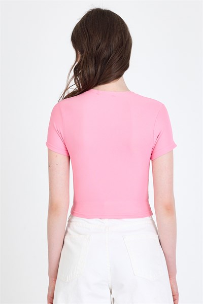 Pembe Bisiklet Yaka Taş İşleme Detaylı Slim Fit Crop Tişört 1149