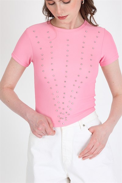 Pembe Bisiklet Yaka Taş İşleme Detaylı Slim Fit Crop Tişört 1149