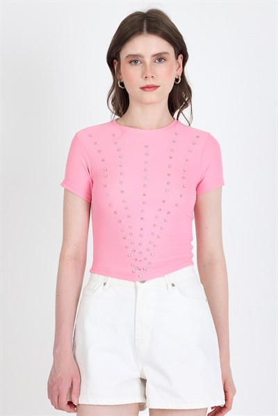 Pembe Bisiklet Yaka Taş İşleme Detaylı Slim Fit Crop Tişört 1149
