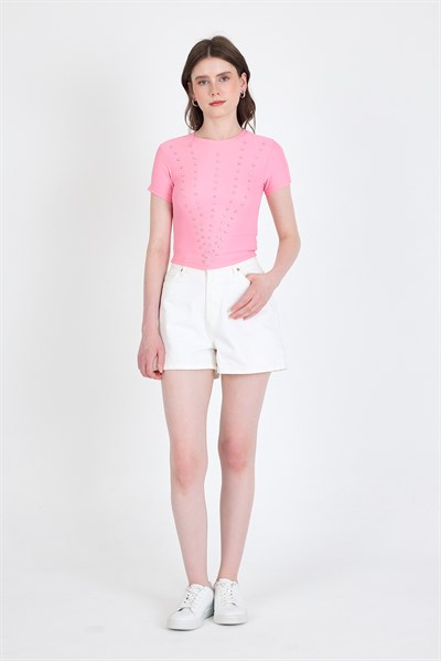 Pembe Bisiklet Yaka Taş İşleme Detaylı Slim Fit Crop Tişört 1149