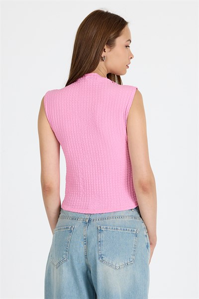 Pembe Bürümcük Kumaş Dik Yaka Kolsuz Bluz 3458
