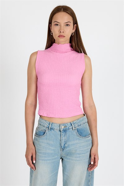 Pembe Bürümcük Kumaş Dik Yaka Kolsuz Bluz 3458