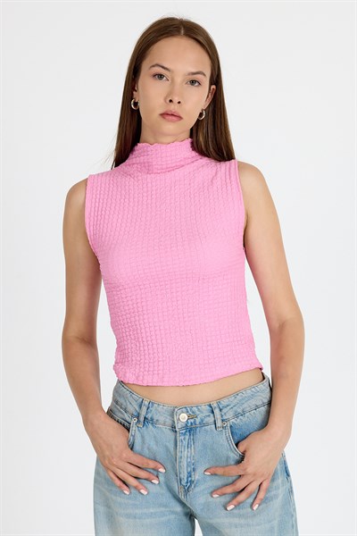 Pembe Bürümcük Kumaş Dik Yaka Kolsuz Bluz 3458