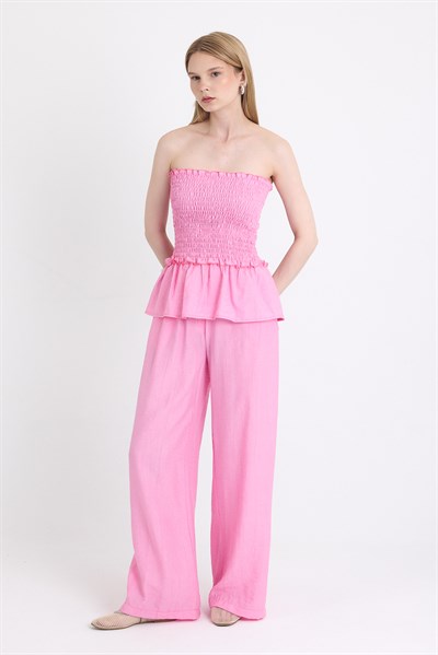 Pembe Büzgülü Straplez Bluz ve Bol Paça Pantolon Takım 5249