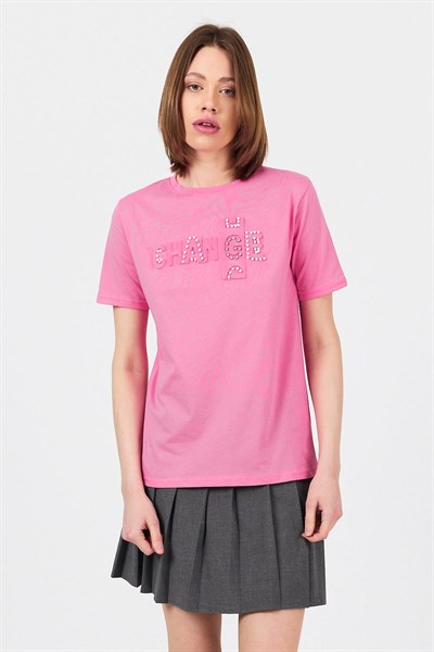 Pembe Change Yazı Kabartmalı Tişört 25227