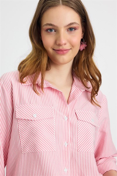 Pembe Çizgili Çift Cepli Gömlek 4362A