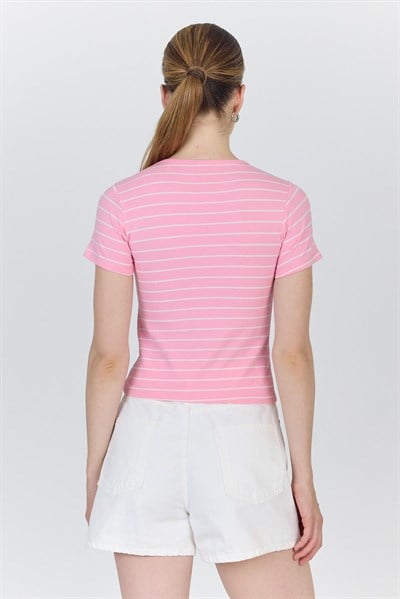 Pembe Çizgili Pamuklu Crop Tişört 4014