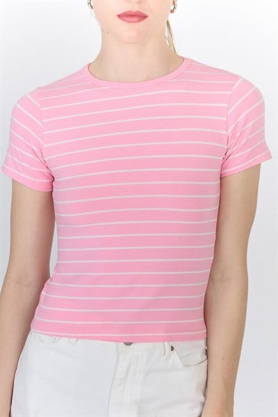Pembe Çizgili Pamuklu Crop Tişört 4014