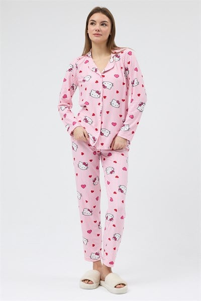 Pembe Desenli Düğmeli Kadın Pijama Takımı 3000