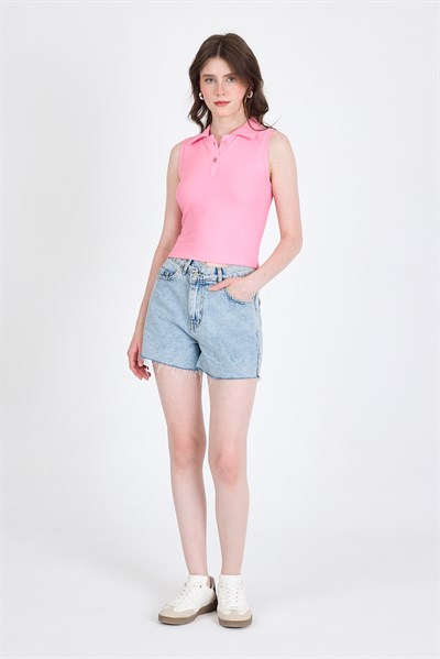 Pembe Düğmeli Polo Yaka Sıfır Kol Örme Bluz 2219