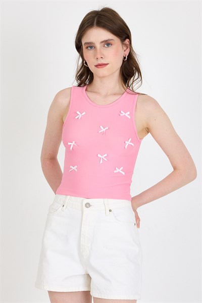 Pembe Fiyonk İşlemeli Crop Örme Atlet 0849