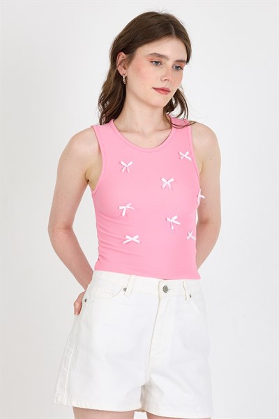 Pembe Fiyonk İşlemeli Crop Örme Atlet 0849
