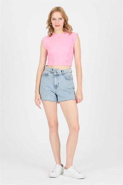 Pembe Gümüş Kalp Detaylı Crop Tişört 2499