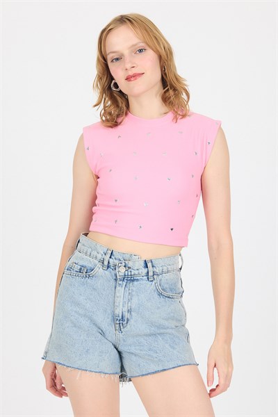 Pembe Gümüş Kalp Detaylı Crop Tişört 2499