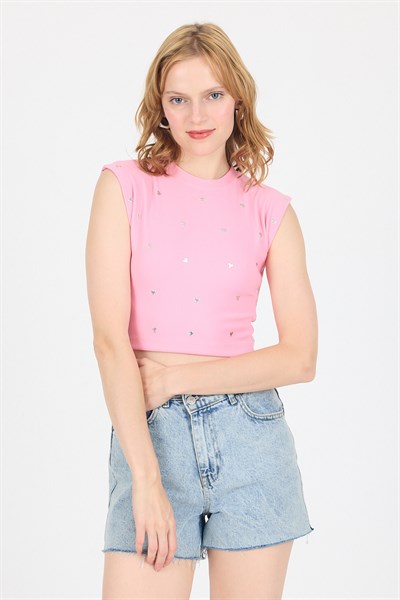 Pembe Gümüş Kalp Detaylı Crop Tişört 2499