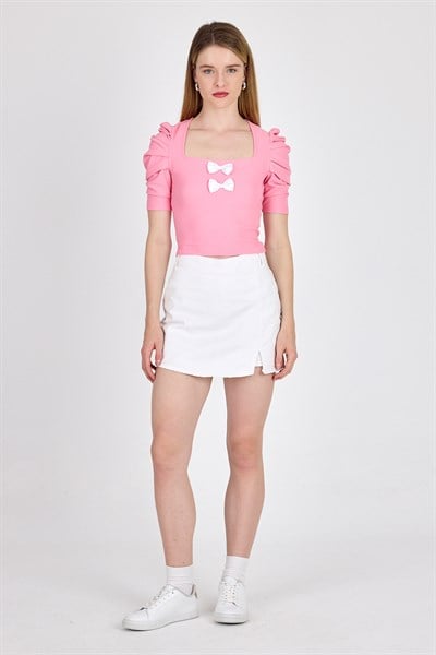 Pembe Kare Yaka Fiyonk Detaylı Crop Bluz 1349