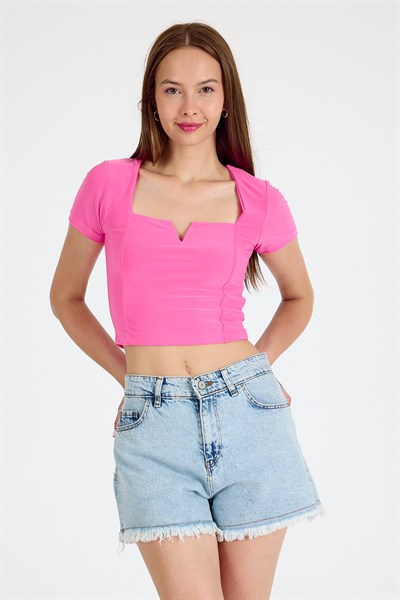 Pembe Kare Yaka V Kesim Detaylı Crop Bluz 10432