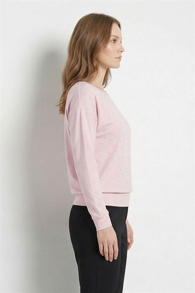 Pembe Kayık Yaka Taş Detaylı Bluz 8364