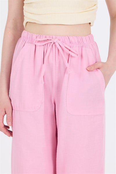 Pembe Keten Görünümlü %100 Pamuk Cepli Bol Paça Pantolon 8054A