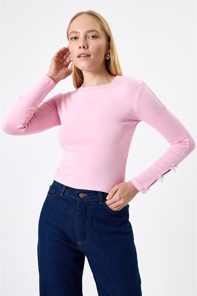 Pembe Kol Kurdele Detaylı Bluz 8232A