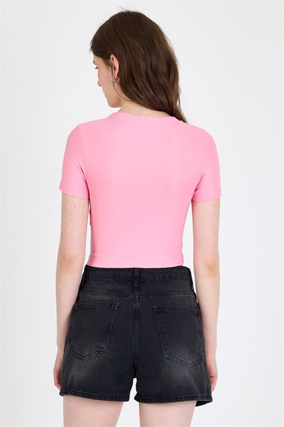 Pembe Leopar Fiyonk Baskılı Taş Detaylı Slim Fit Crop Tişört 0549-1