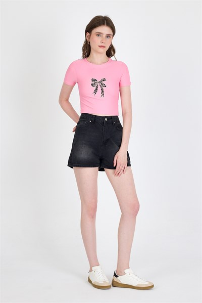 Pembe Leopar Fiyonk Baskılı Taş Detaylı Slim Fit Crop Tişört 0549-1