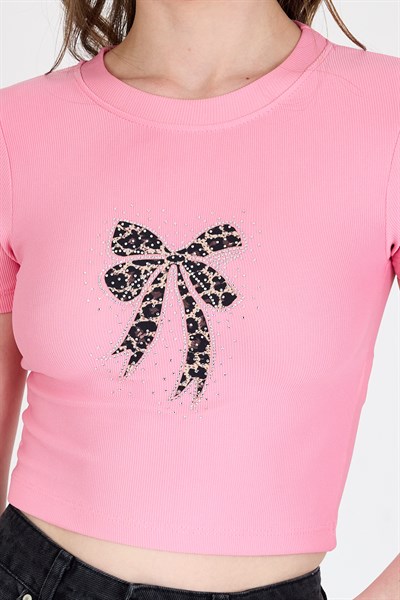 Pembe Leopar Fiyonk Baskılı Taş Detaylı Slim Fit Crop Tişört 0549-1