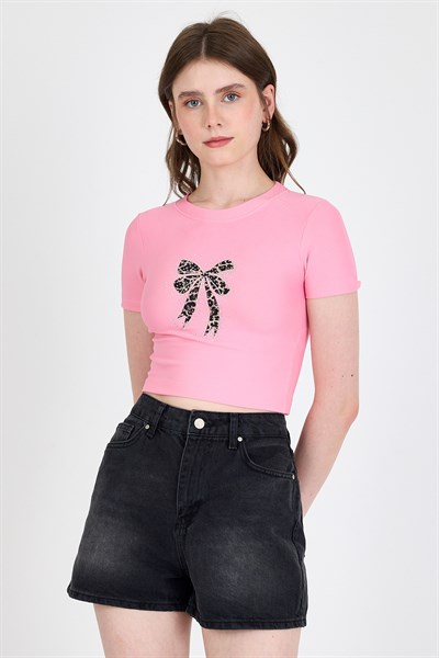 Pembe Leopar Fiyonk Baskılı Taş Detaylı Slim Fit Crop Tişört 0549-1