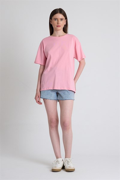 Pembe Omuz Yazı Baskılı %100 Pamuk Oversize Tişört 2150-30M