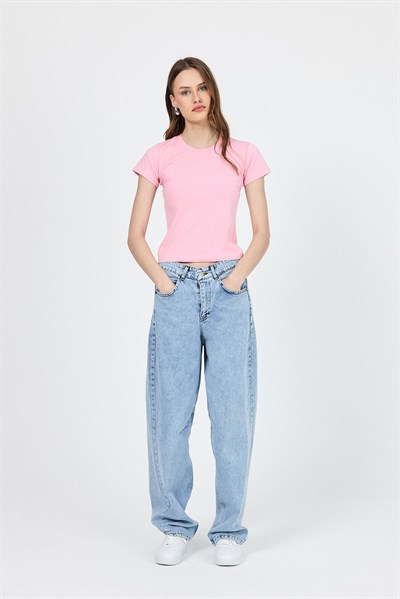 Pembe Slim Fit Bisiklet Yaka Kısa Kollu Tişört 2214