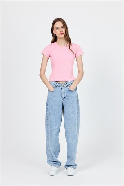 Pembe Slim Fit Bisiklet Yaka Kısa Kollu Tişört 2214