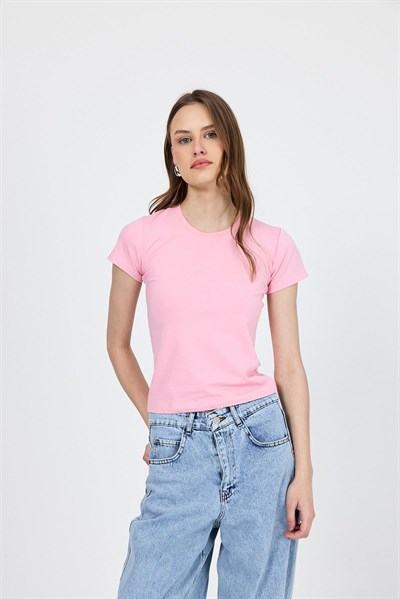 Pembe Slim Fit Bisiklet Yaka Kısa Kollu Tişört 2214