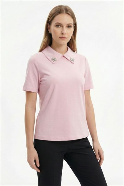Pembe Yaka Taşlı Kısa Kollu Tişört 6294