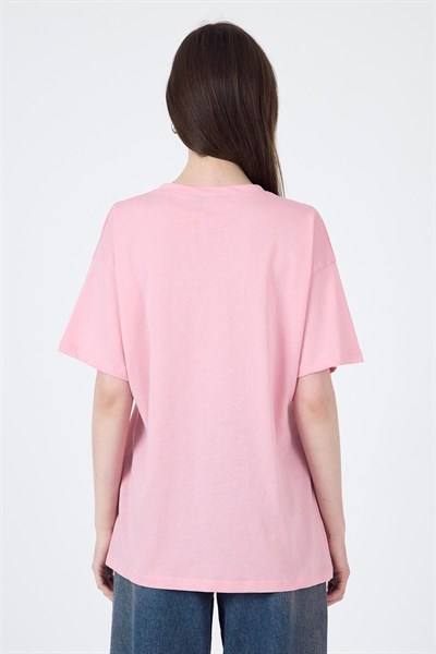 Pembe Yaka Yazı Baskılı Oversize Pamuklu Tişört 2150-34M