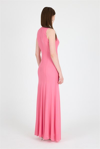Pembe Yandan Yırtmaçlı Tül Uzun Elbise 251657