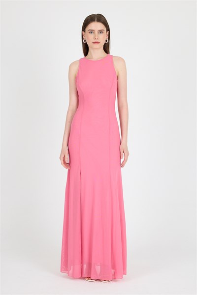 Pembe Yandan Yırtmaçlı Tül Uzun Elbise 251657