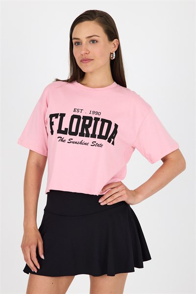 Pembe Yazı Baskılı %100 Pamuk Crop Tişört 9188M