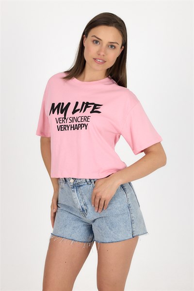 Pembe Yazı Baskılı %100 Pamuk Crop Tişört 9187M