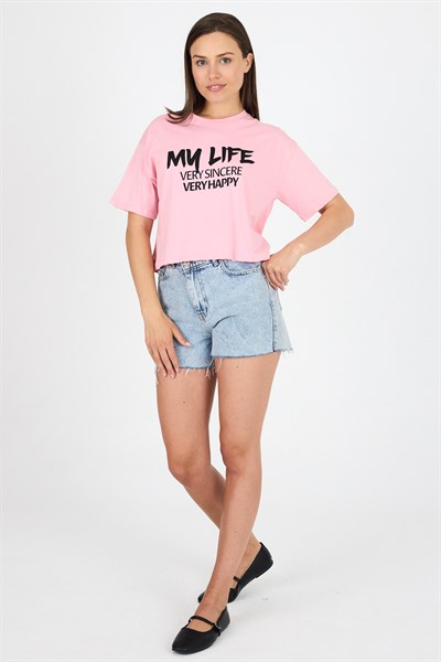 Pembe Yazı Baskılı %100 Pamuk Crop Tişört 9187M