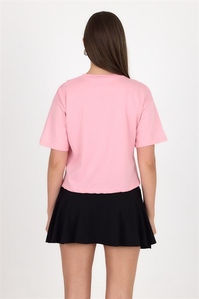 Pembe Yazı Baskılı %100 Pamuk Crop Tişört 9188M