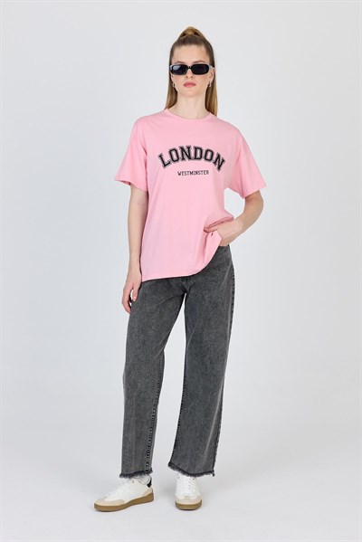 Pembe Yazı Baskılı %100 Pamuk Oversize Tişört 2150-9M