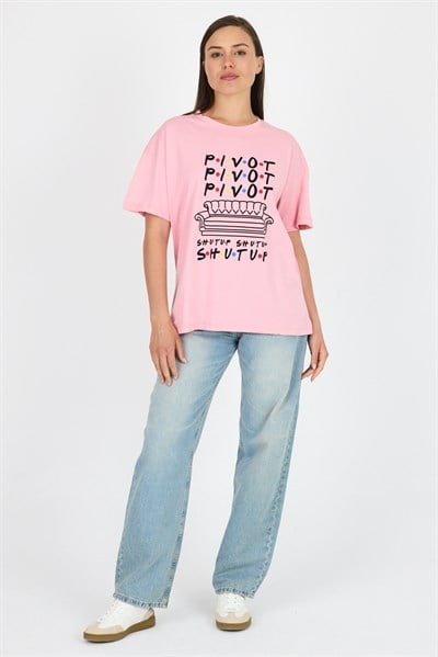 Pembe Yazı Baskılı %100 Pamuk Oversize Tişört 2150-10M