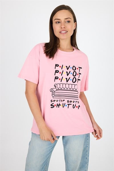 Pembe Yazı Baskılı %100 Pamuk Oversize Tişört 2150-10M